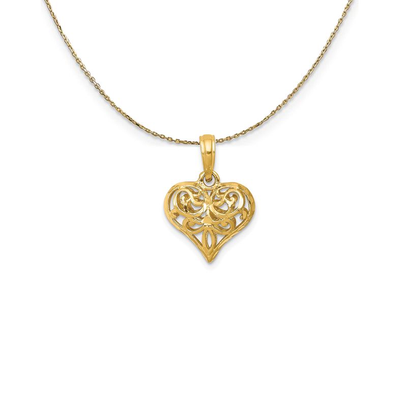 14k Yellow Gold Diamond Cut Puffed Heart (10mm) Necklace - 24 Inch